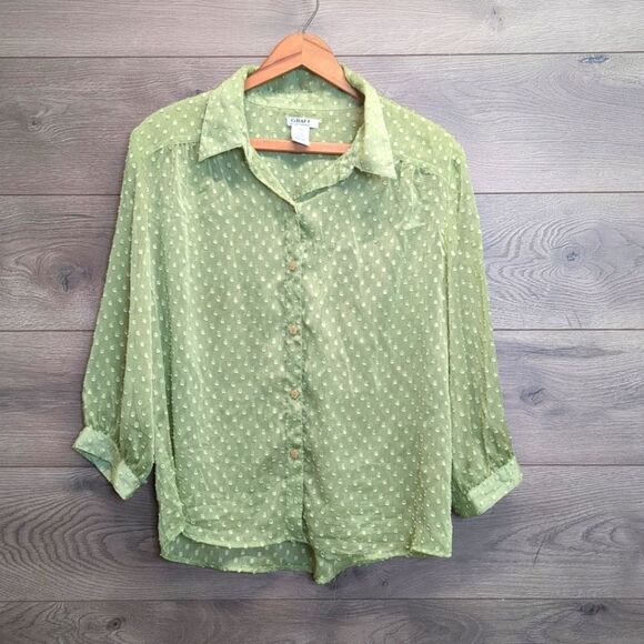 Graff Sheer Lime Green Button Blouse Women's Medium Petite - Picture 1 of 7